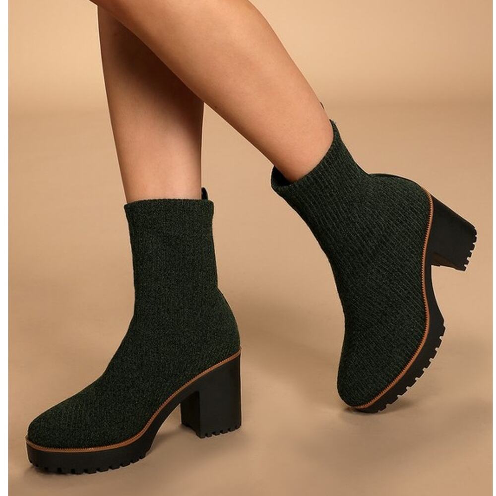Chinese Laundry Garvey Sock Boots‎ Olive Chill Knit Block Heel Ankle Sz 6.5